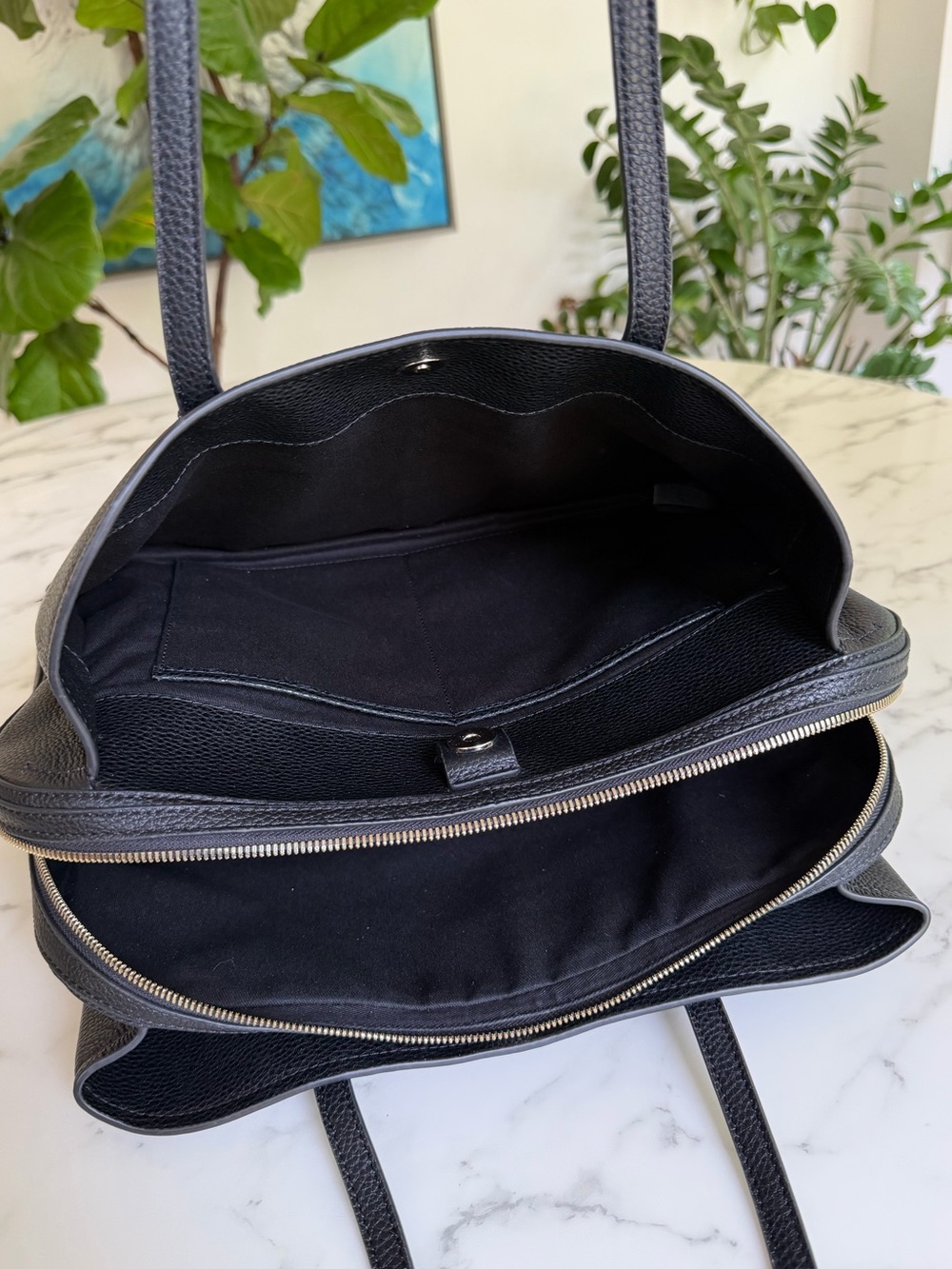 Quince Italian Leather Triple Compartment Work Tote Black Laptop Shoulder Bag - Picture 11 of 14